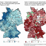Entwicklung der Konzentration der Vieheinheiten je 100 Hektar landwirtschaftlich genutzter Fläche zwischen 1999 und 2007
