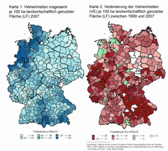 Entwicklung der Konzentration der Vieheinheiten je 100 Hektar landwirtschaftlich genutzter Fläche zwischen 1999 und 2007
