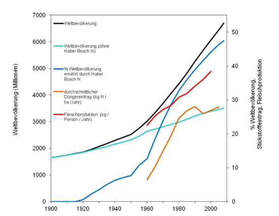 Entwicklung der Weltbevölkerung und des Einsatzes von synthetischem Stickstoffdünger sowie der Fleischproduktion im 20. Jahrhundert