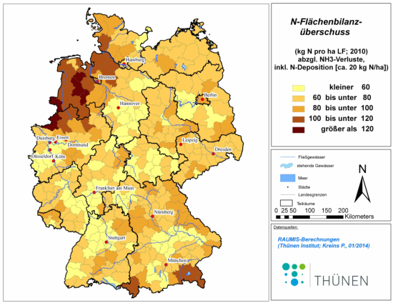 Stickstoff-Flächenbilanzüberschuss 2010 in Deutschland